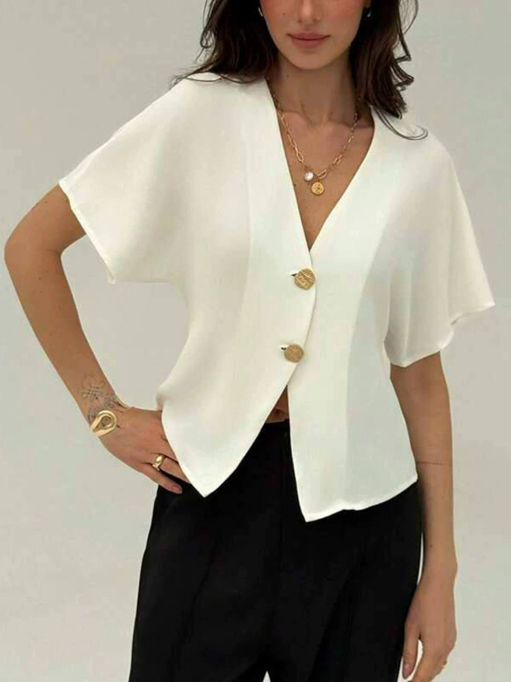 ZARA Chic Year Round Versatile Solid Collared Knit Two Button Short Sleeve Top